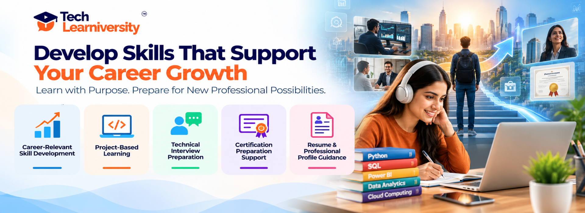 Student developing career-focused skills through Tech Learniversity's personalized online 1-to-1 training, with project-based learning, interview preparation, certification support, and resume guidance.