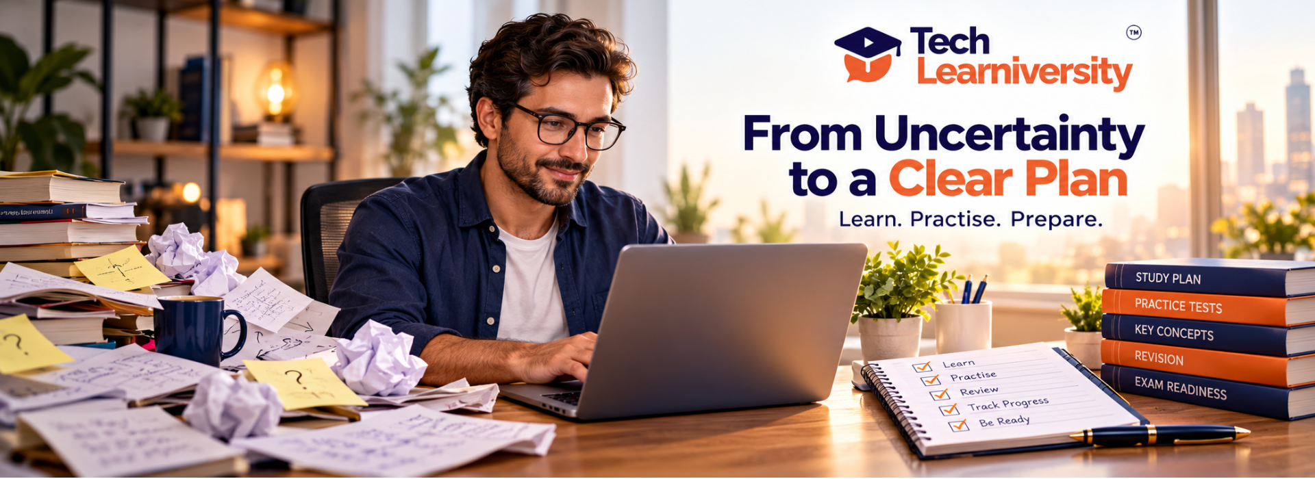 Professional studying at a laptop with notes and a certification preparation plan
