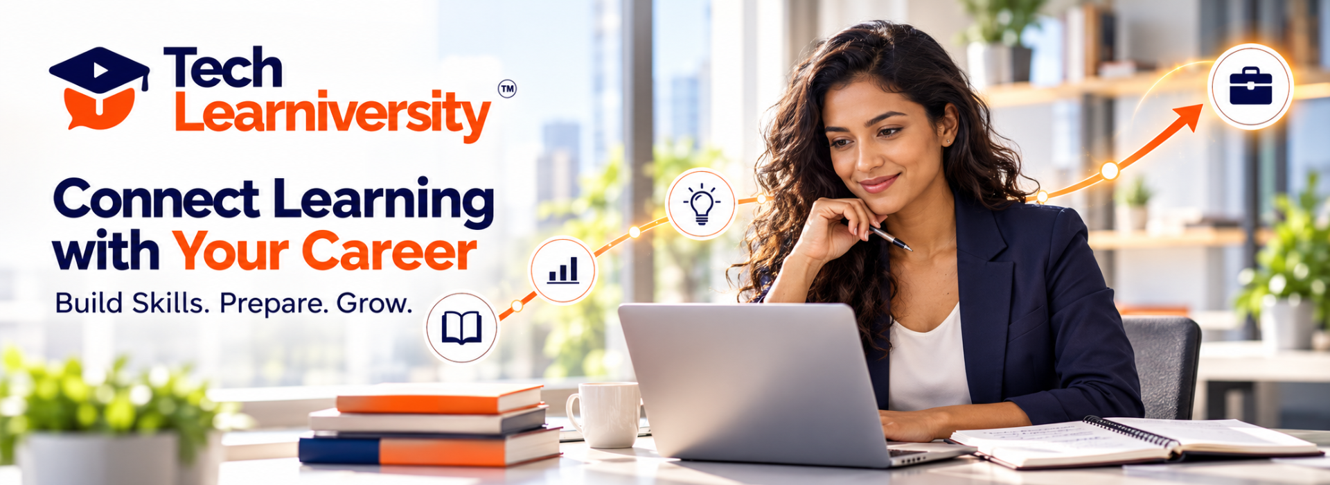Professional studying at a laptop beside a career development pathway