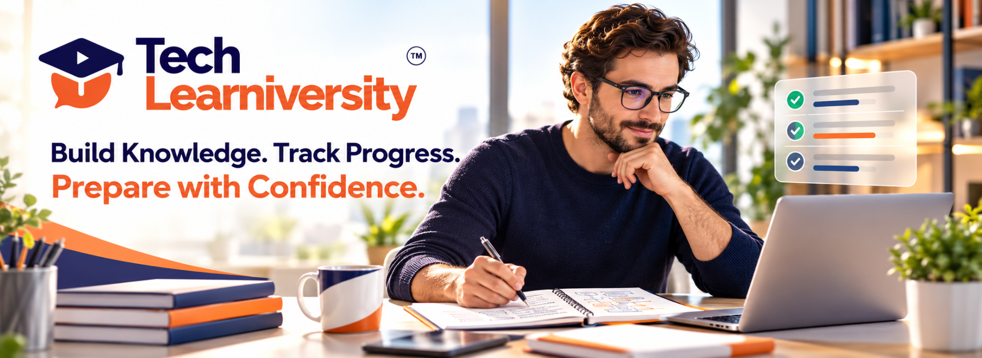 Professional studying with a laptop and notes for certification preparation