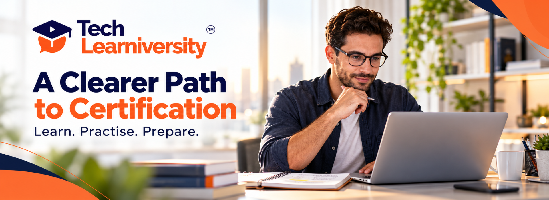 Professional studying at a laptop for certification exam preparation