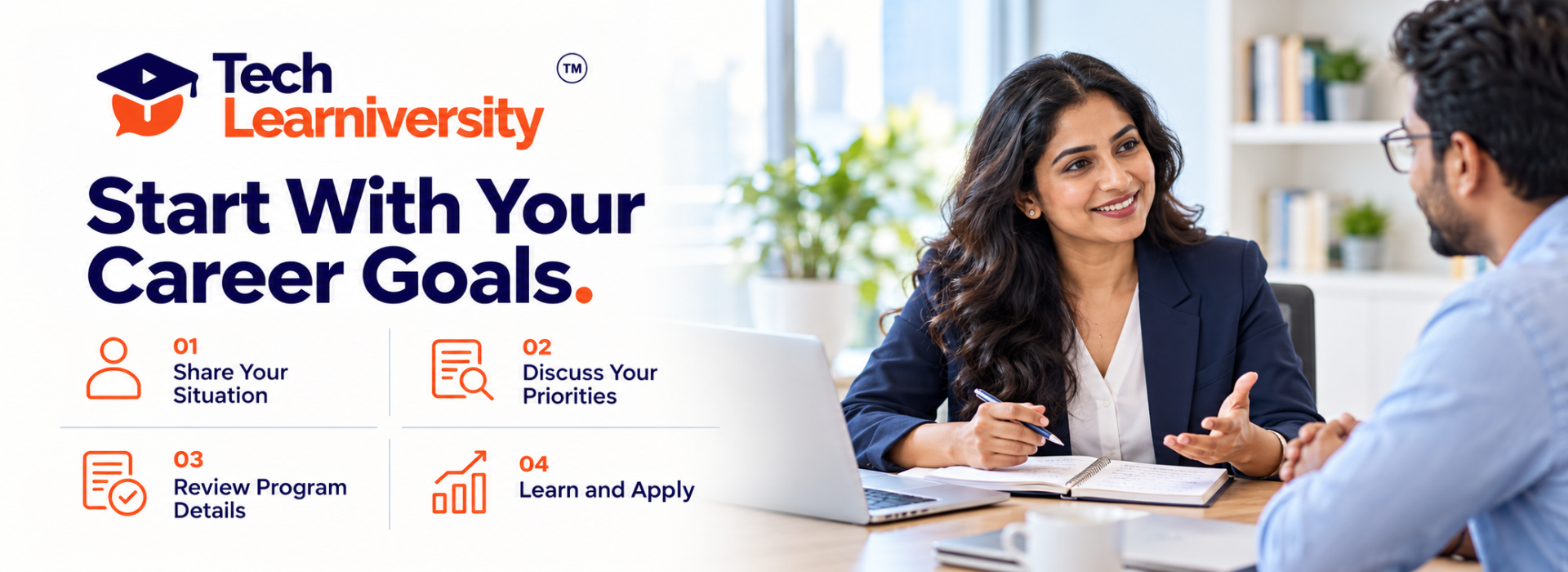 Professional woman discussing career goals with an advisor beside four steps to begin ElevateX Training.