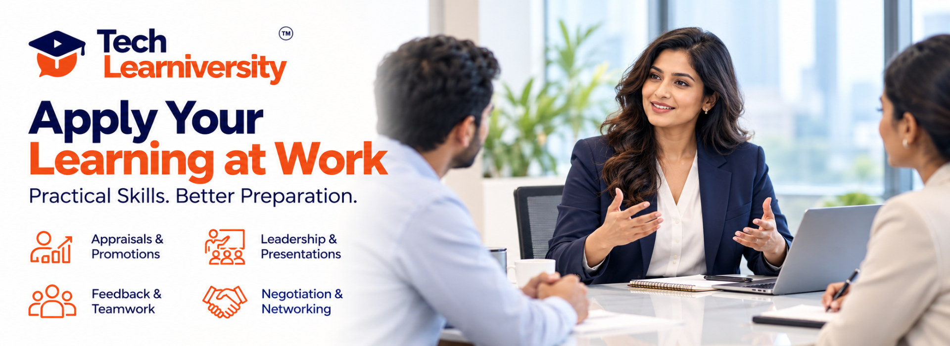 Professional woman discussing ideas with colleagues beside ElevateX workplace skills highlights.