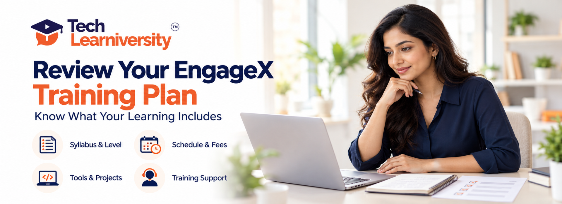Woman reviewing an EngageX training plan on her laptop beside syllabus, schedule, fees, tools, projects, and support highlights