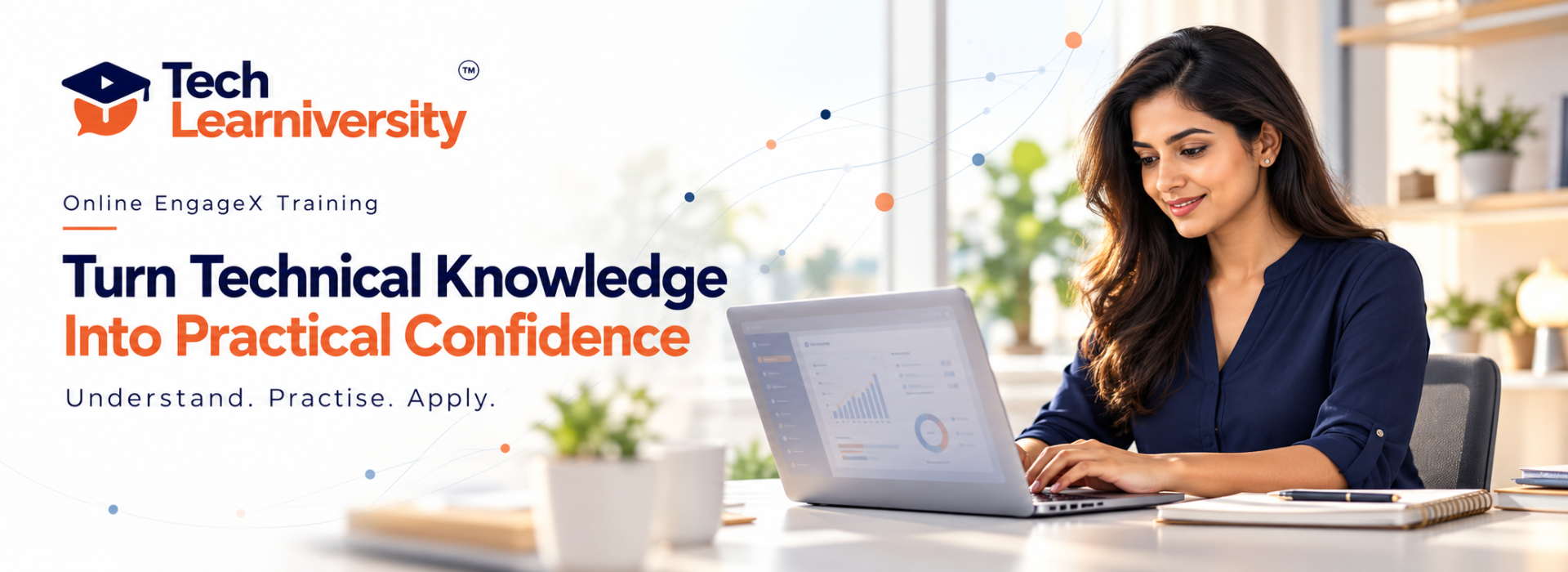 Professional woman working on a laptop beside the message “Turn Technical Knowledge Into Practical Confidence”