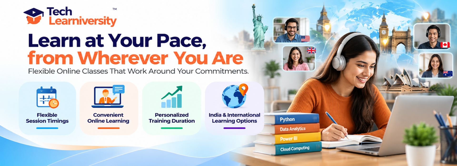 Student attending flexible online 1-to-1 training at Tech Learniversity, highlighting convenient virtual classes, personalized training duration, flexible schedules, and international learning options.