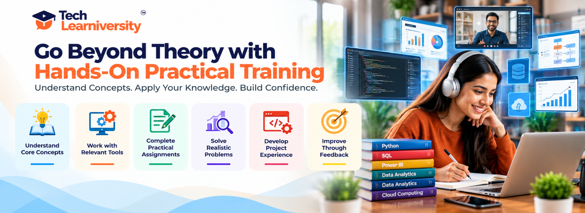 Student developing practical skills through Tech Learniversity's hands-on online training, featuring coding exercises, real-world projects, instructor guidance, and personalized feedback.