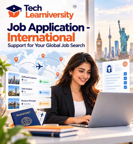 Tech Learniversity International Job Application Assistance featuring a professional applying for overseas jobs with a global map and online application tracking.