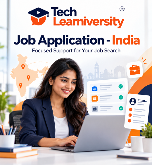 Tech Learniversity Job Application India service featuring a professional applying for jobs online with application tracking and job search support across India.