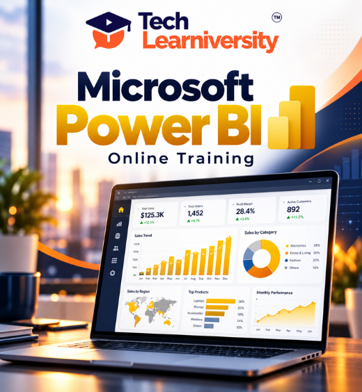Microsoft Power BI Online Training at Tech Learniversity featuring interactive dashboards, data visualization, business intelligence, and analytics reporting.