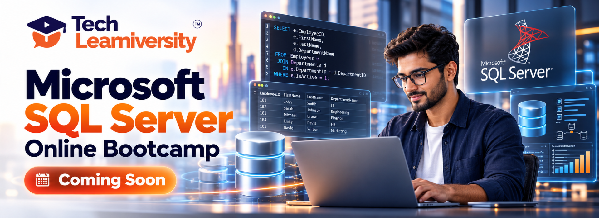 Microsoft SQL Server Online Bootcamp coming soon at Tech Learniversity, featuring SQL queries, database management and hands-on learning.