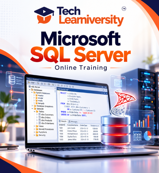 Microsoft SQL Server Online Training at Tech Learniversity featuring SQL queries, database management, SQL Server Management Studio, and relational databases.