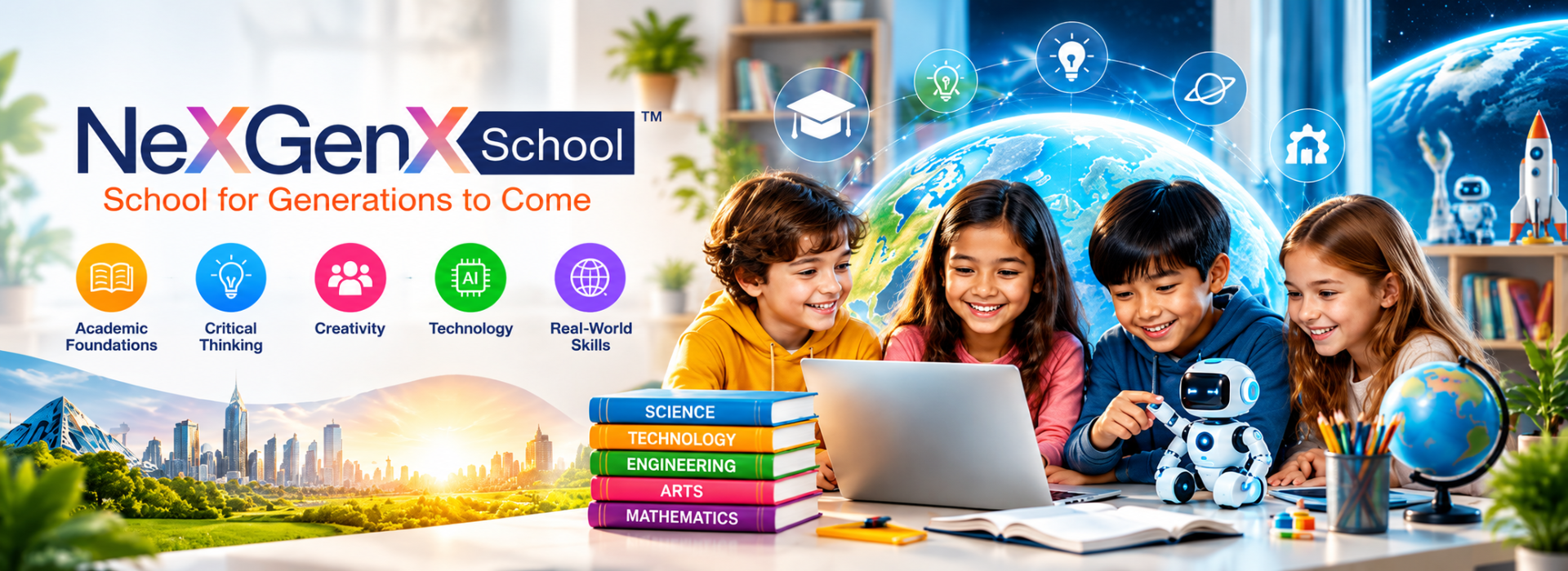 NeXGenX School online homeschooling banner showing children learning together with a laptop, AI robot, books and interactive technology.