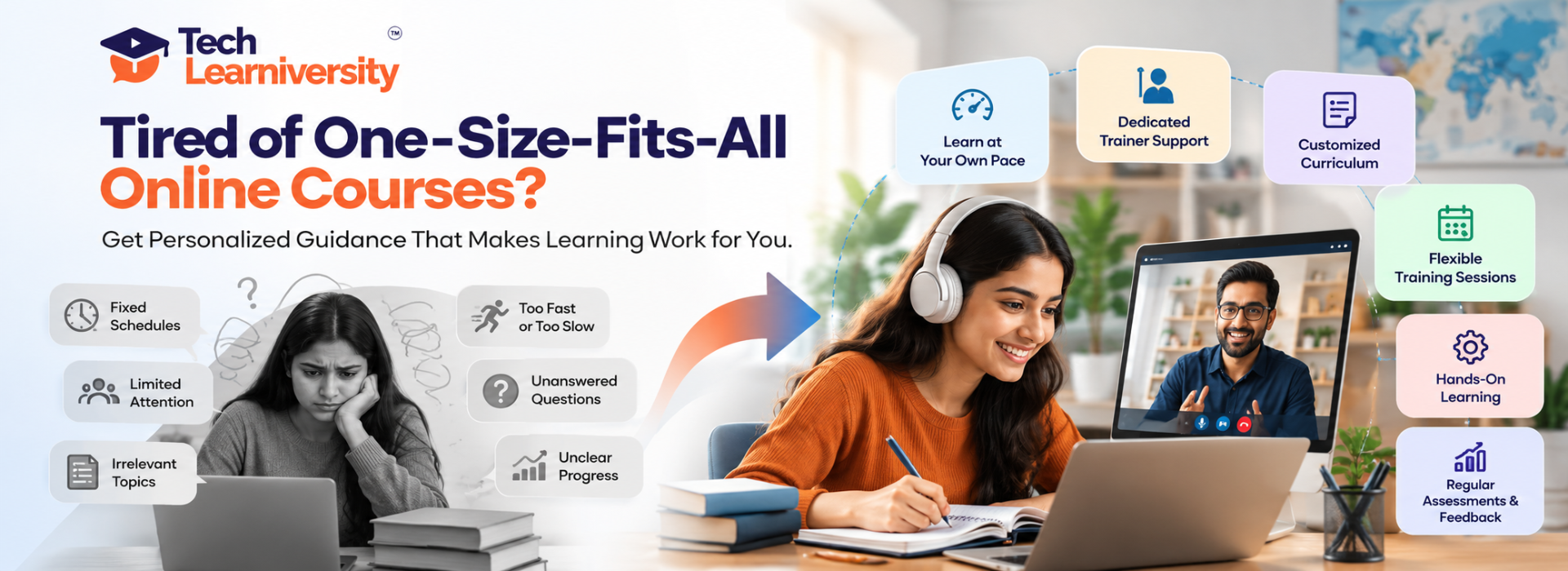 Student overcoming the challenges of generic online courses through Tech Learniversity's personalized 1-to-1 training with dedicated trainer support, flexible schedules, and hands-on learning.