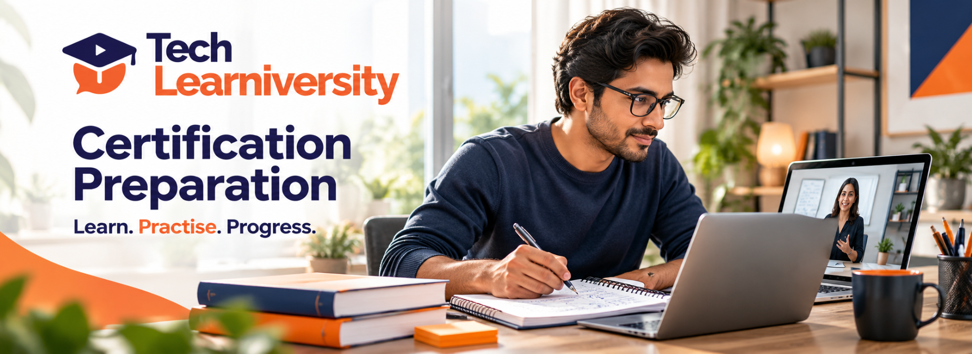 Professional taking notes during online certification preparation training