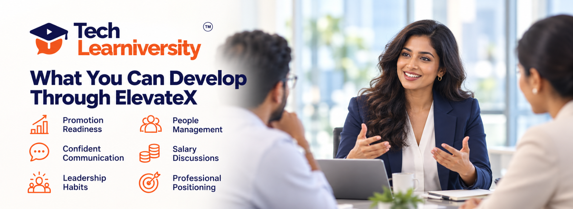 Woman leading a workplace discussion beside six ElevateX development areas, including leadership, communication, and promotion readiness.