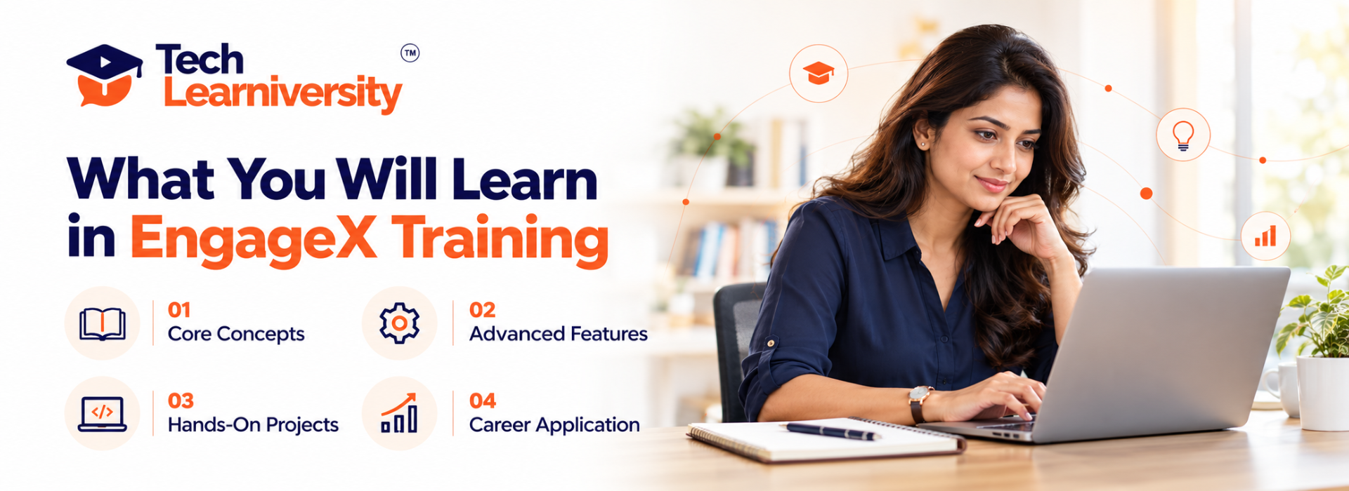 EngageX training modules covering core concepts, advanced features, hands-on projects, and career application beside a woman using a laptop