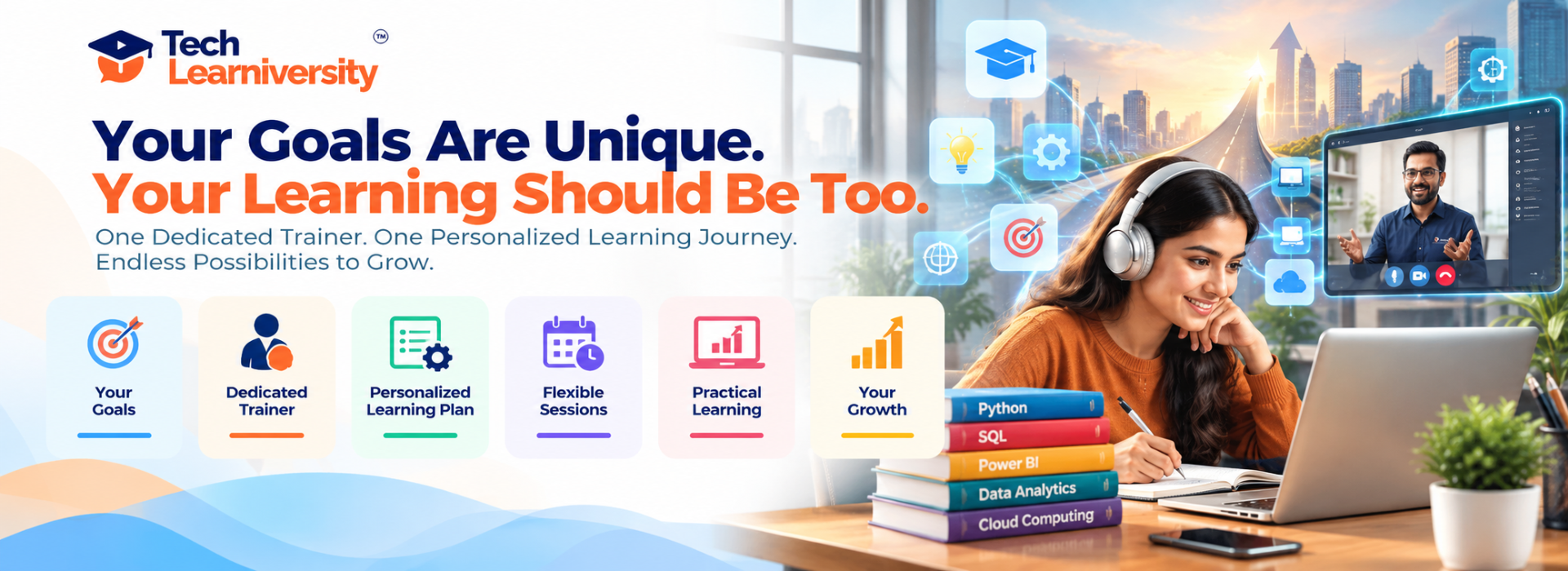 Student attending personalized online 1-to-1 training at Tech Learniversity with a dedicated expert trainer, customized learning plans, flexible sessions, and practical skill development.