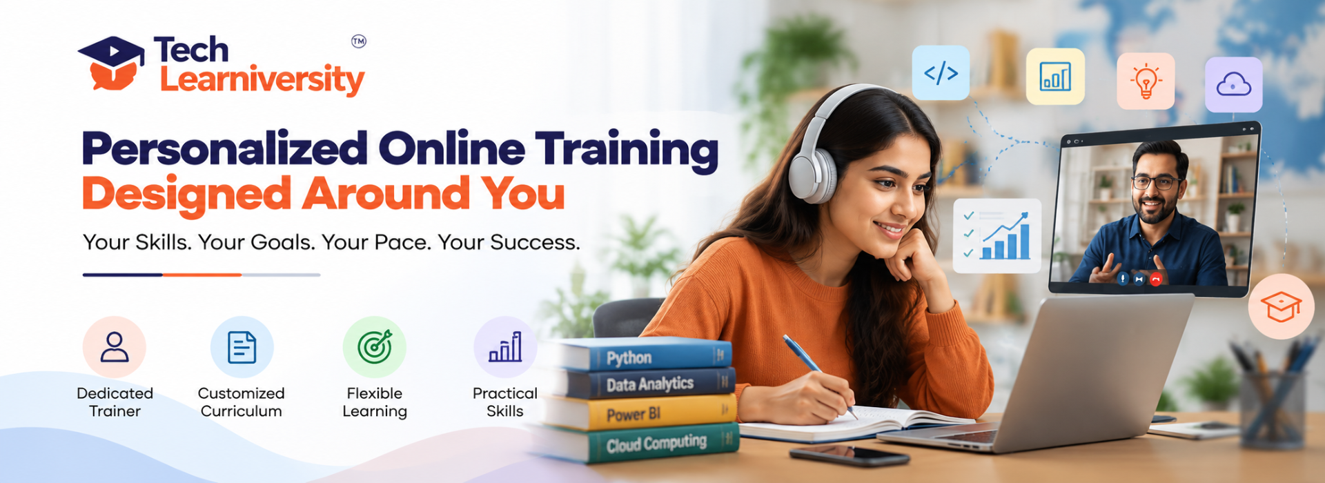 Personalized Online Customized 1-to-1 Training at Tech Learniversity featuring a dedicated expert trainer, flexible learning, customized curriculum, and hands-on skill development.