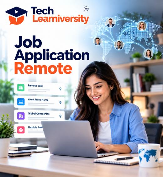Tech Learniversity Remote Job Application service featuring a professional using a laptop to explore remote jobs, work-from-home opportunities, and global employers.