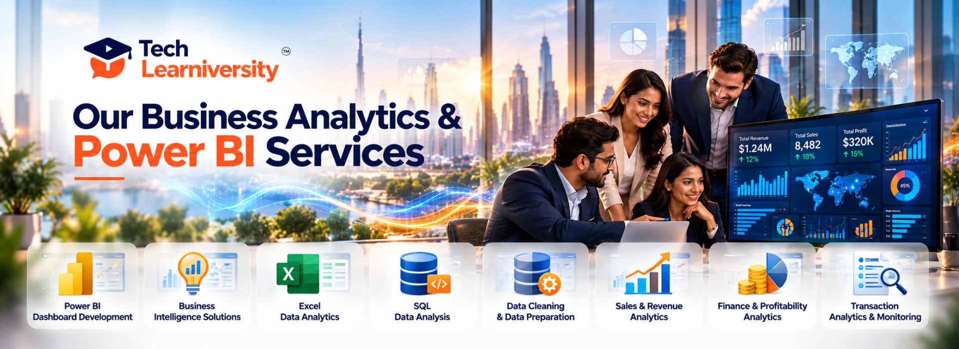 Tech Learniversity Business Analytics and Power BI Services featuring interactive dashboards, Excel and SQL data analytics, business intelligence, financial reporting, and automated MIS solutions.