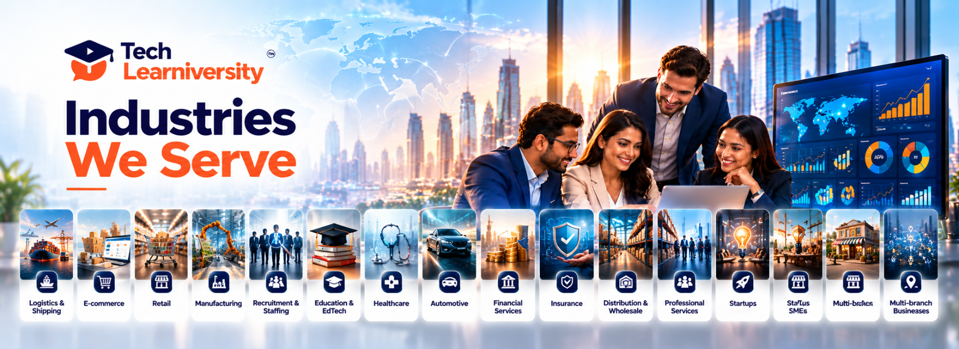 Tech Learniversity Business Analytics and Power BI solutions for logistics, e-commerce, retail, manufacturing, recruitment, education, healthcare, finance, insurance, and other industries.