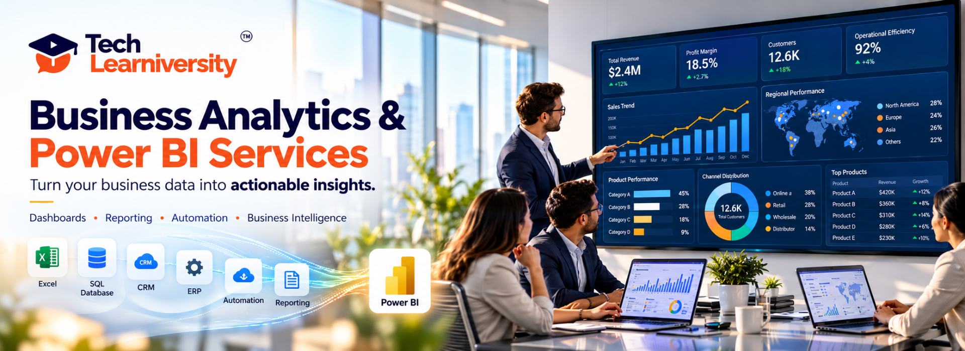 Tech Learniversity Business Analytics and Power BI Services featuring interactive dashboards, KPI reporting, Excel and SQL data integration, and business intelligence solutions.