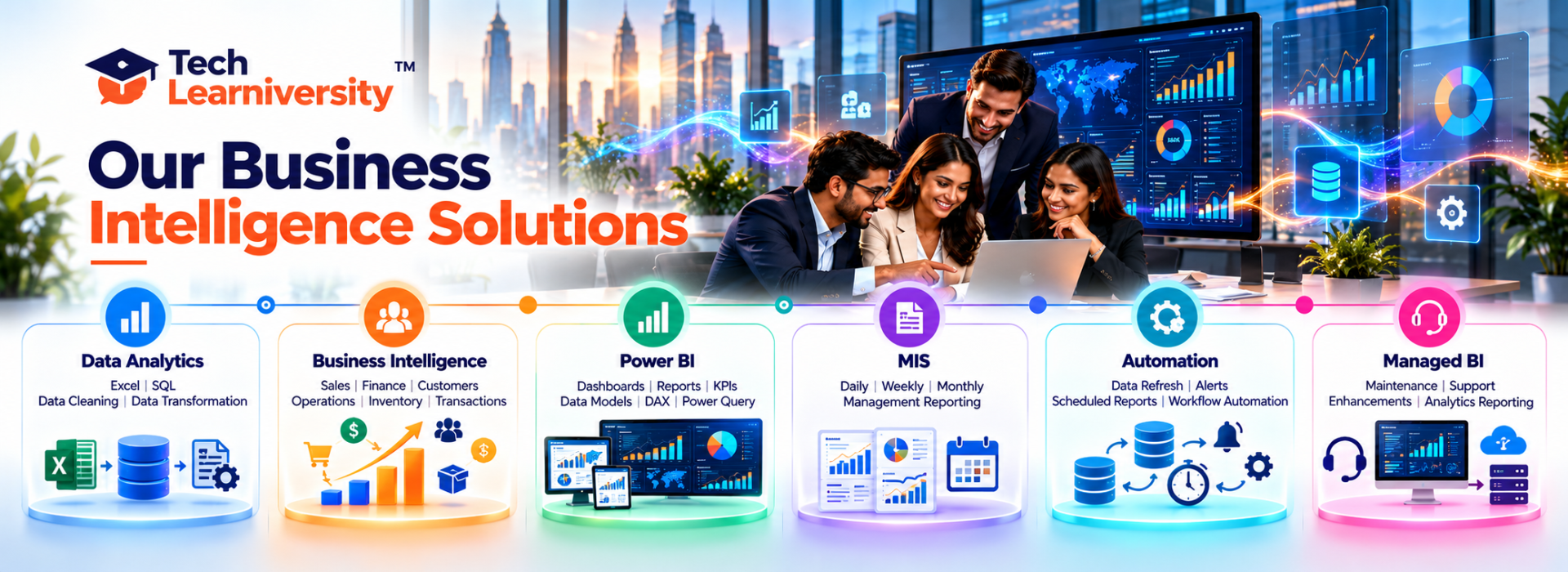 Tech Learniversity Business Intelligence Solutions featuring Data Analytics, Power BI dashboards, MIS reporting, business intelligence automation, and managed BI services.