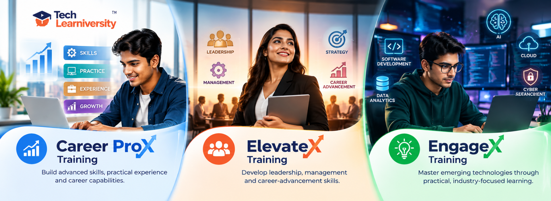 Tech Learniversity Career ProX, ElevateX and EngageX online training programs for professional growth, leadership development and emerging technology skills.
