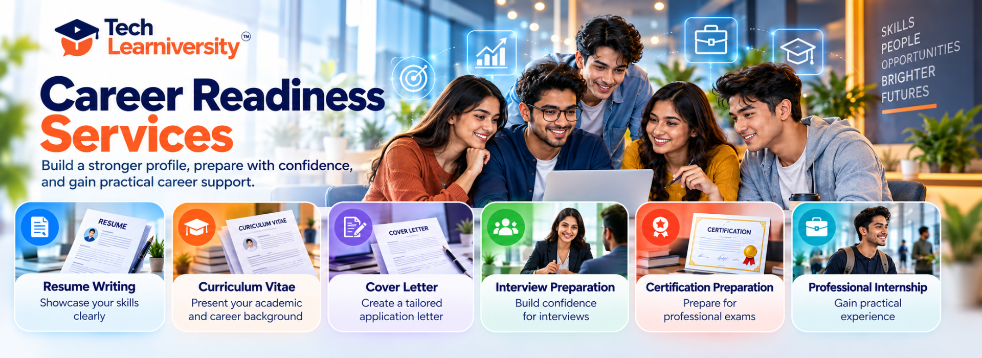 Tech Learniversity career readiness services banner featuring resume writing, curriculum vitae writing, cover letter writing, interview preparation, certification preparation and professional internship program.