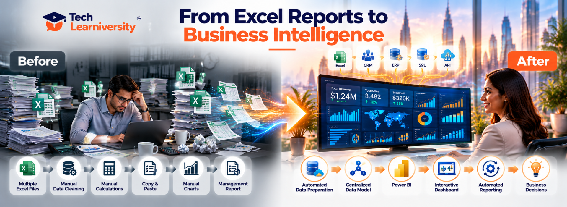 Before-and-after comparison showing how Tech Learniversity transforms manual Excel reports into automated Power BI dashboards, centralized data models, and business intelligence solutions.
