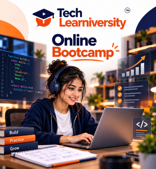 Tech Learniversity Online Bootcamp featuring a learner studying on a laptop with coding, skill-building and career growth visuals.