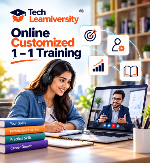 Tech Learniversity Online Customized 1-to-1 Training featuring a student learning through a live video session with a dedicated expert trainer.