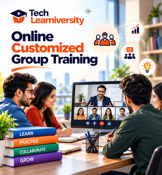 Tech Learniversity Online Customized Group Training featuring students learning together through a live virtual classroom with an expert instructor.
