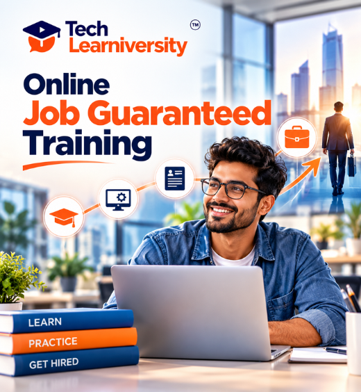 Tech Learniversity Online Job Guaranteed Training featuring a student learning on a laptop with career development, practical skills and employment preparation icons.