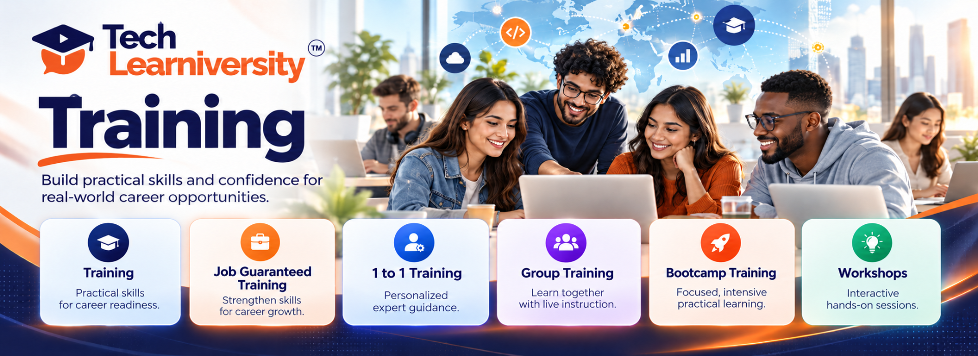 Tech Learniversity online training programs featuring job guaranteed training, personalized 1-to-1 training, group training, bootcamps and interactive workshops.