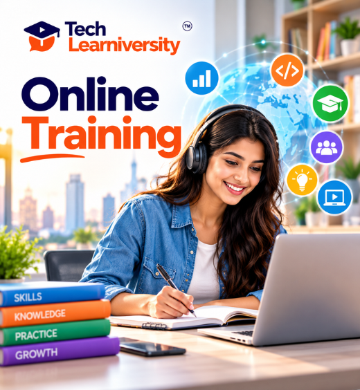 Tech Learniversity online training featuring a student learning on a laptop with headphones, supported by digital learning and technology icons.
