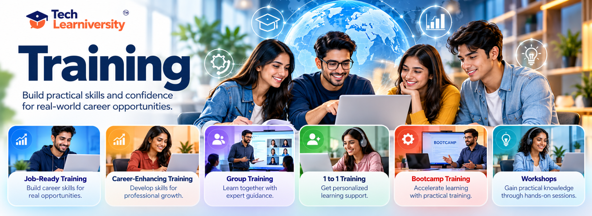 Tech Learniversity online training programs featuring job-ready, career-enhancing, group, 1-to-1, bootcamp and workshop training.