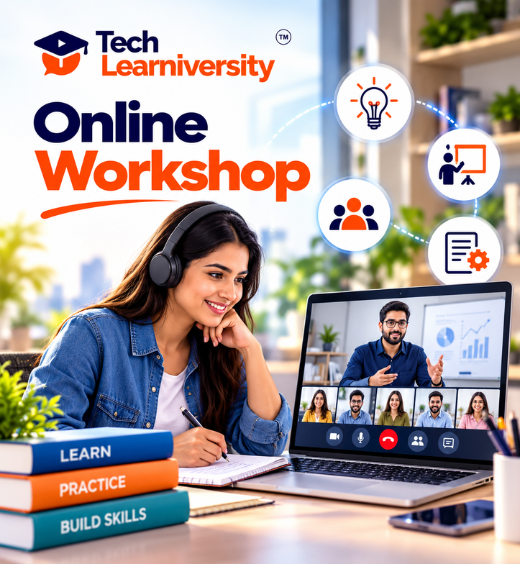 Tech Learniversity Online Workshop Training featuring a student attending a live instructor-led virtual workshop with interactive learning and practical activities.