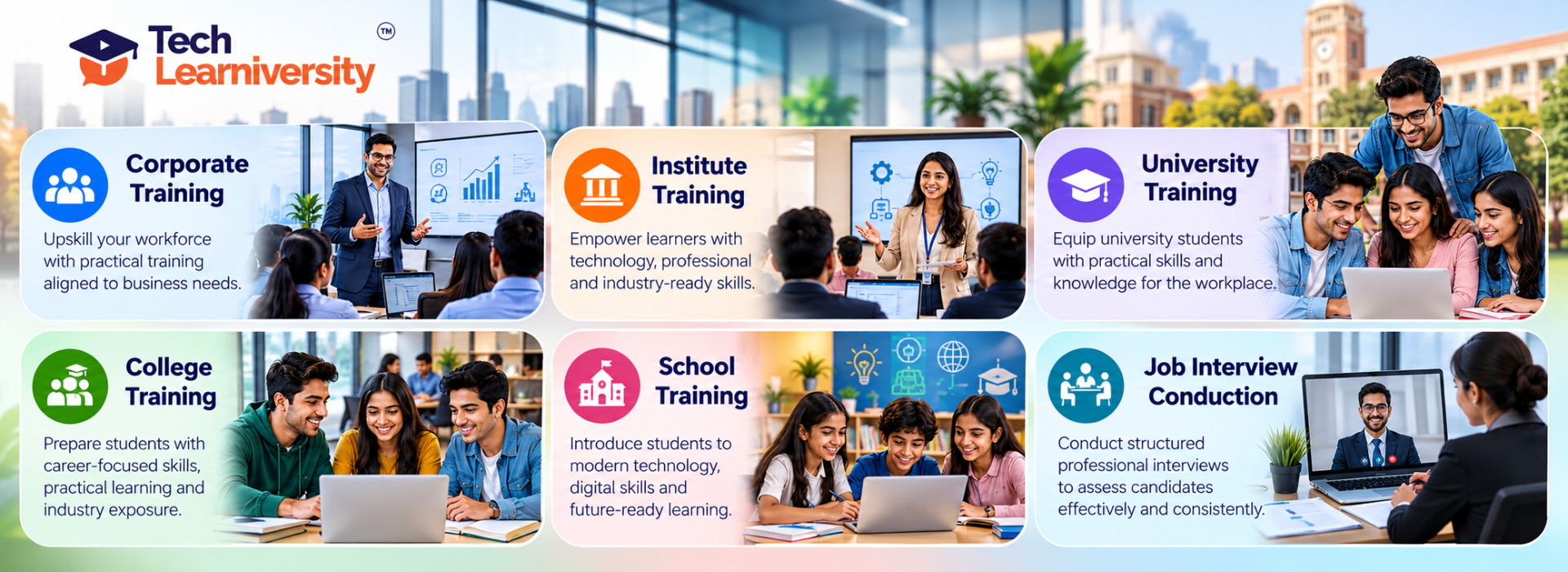 Tech Learniversity corporate, institute, university, college and school training programs with online job interview conduction services.