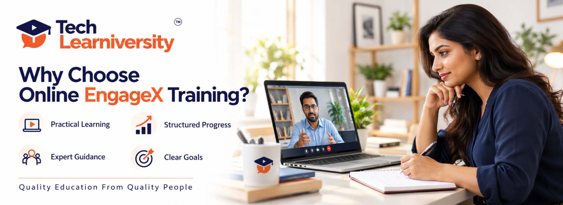 Woman taking notes during an online session beside EngageX benefits: practical learning, structured progress, expert guidance, and clear goals