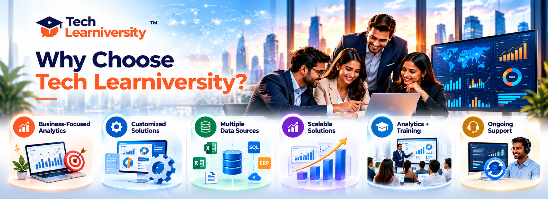 Why Choose Tech Learniversity for Business Analytics and Power BI Services, featuring customized dashboards, multiple data sources, scalable BI solutions, corporate analytics training, and ongoing support.